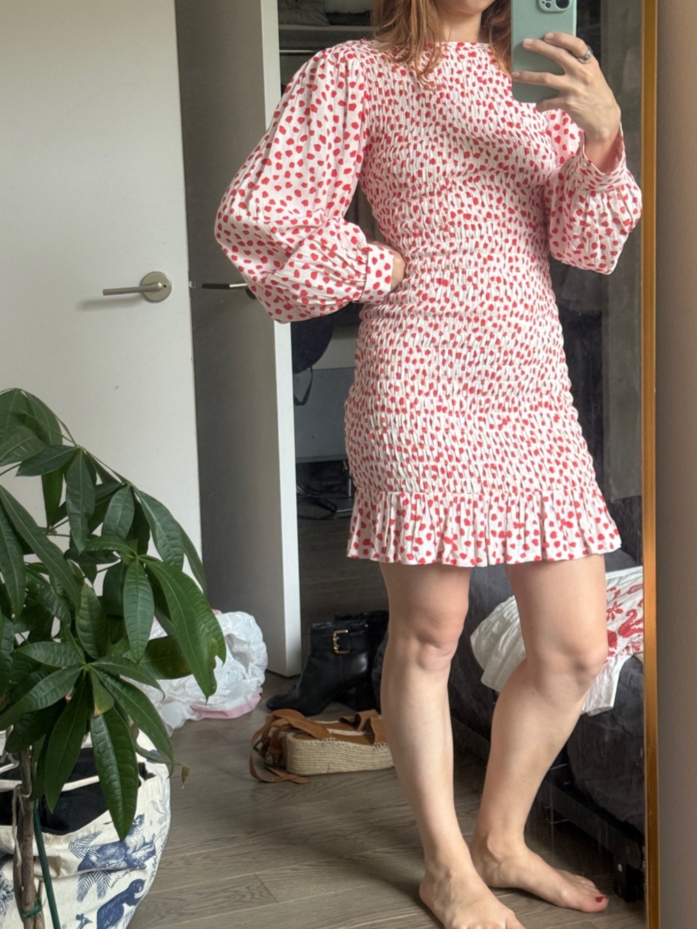 Smocked White Mini Dress with Red Dot Print
